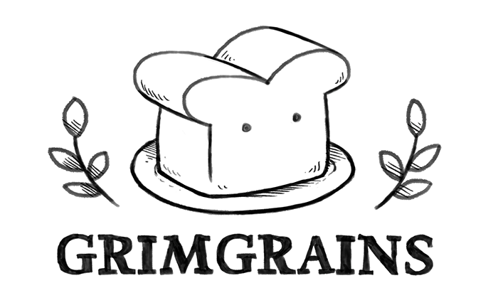a loaf of bread with eyes over the title grimgrains